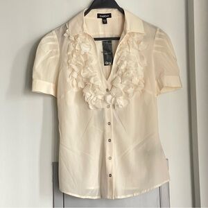 NWT BEBE Cream Short Sleeve with Flower Details Silk Blend Blouse